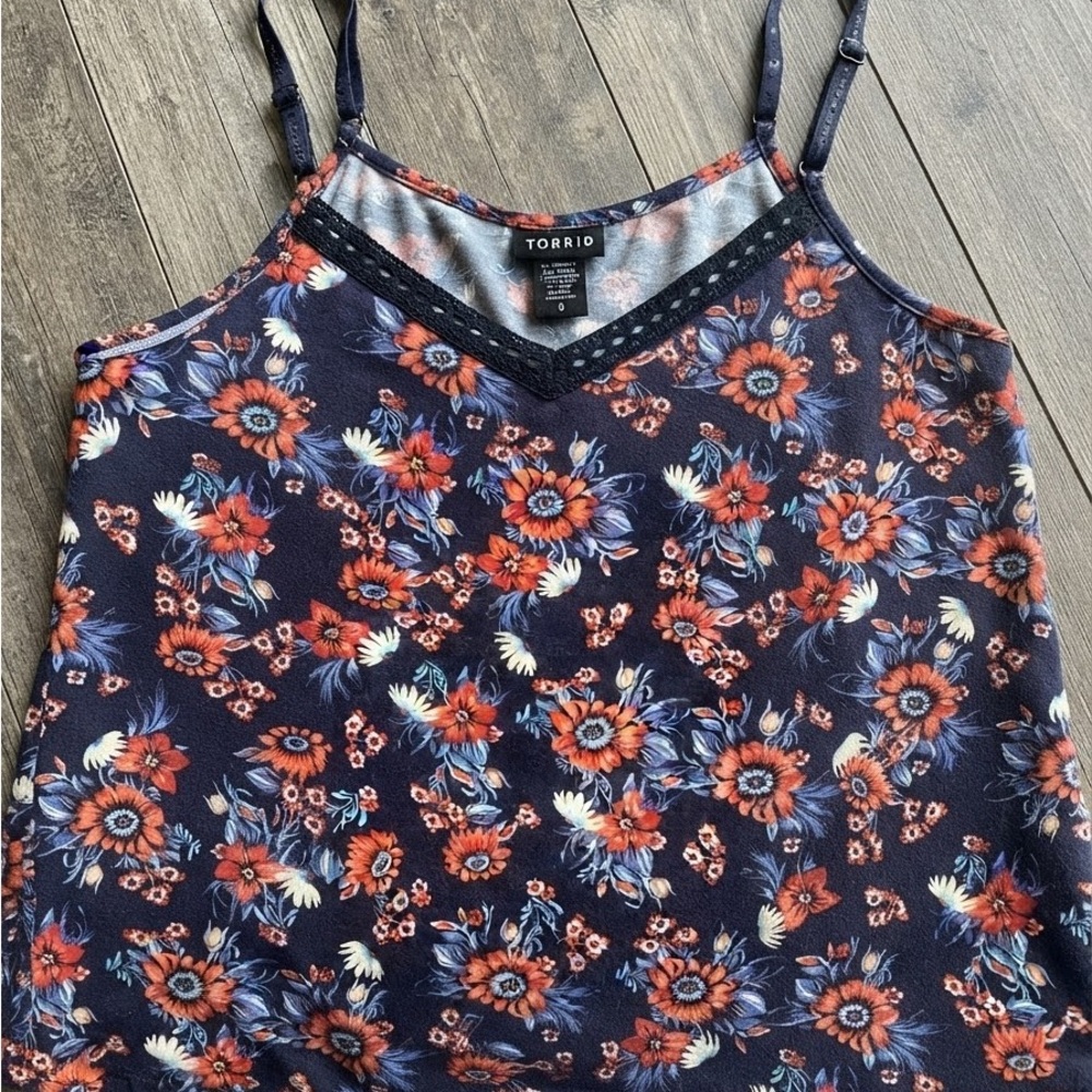 Torrid Navy Floral Lace-Trim Cami Top Size:0 (Large/12)